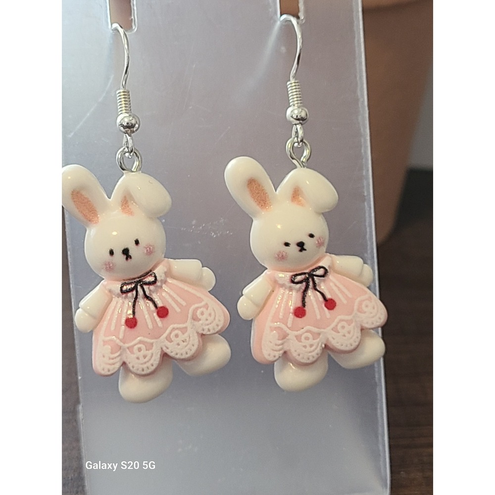 Handmade Pink Bunny‎ Rabbit Dress Drop Earrings Cottagecore Whimsical Jewelry